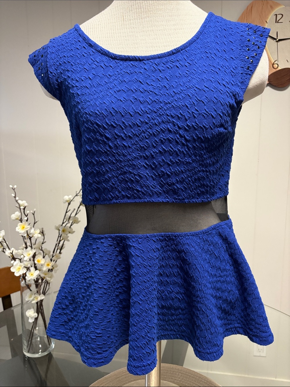 iris Royal Blue Textured Peplum Crop Top with Mesh Waist